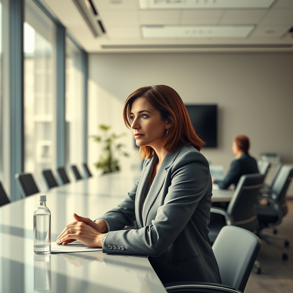 Sala de juntas corporativa moderna y luminosa preparada para un consejo de administración.
