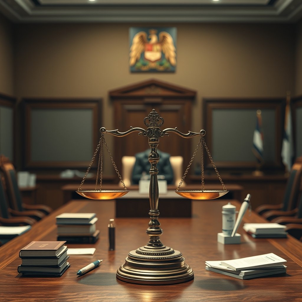 Balanzas de la justicia y documentos legales en un despacho judicial