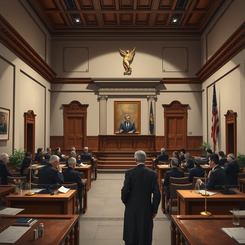 Balanza de la justicia y edificios judiciales en una ilustración editorial sobre procesos penales