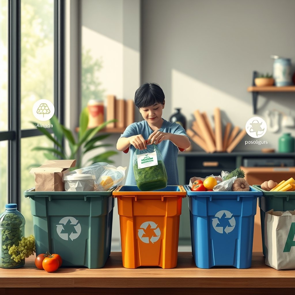 Ilustración conceptual sobre hábitos sostenibles en el consumo, ecodiseño de envases y separación de residuos alimentarios.