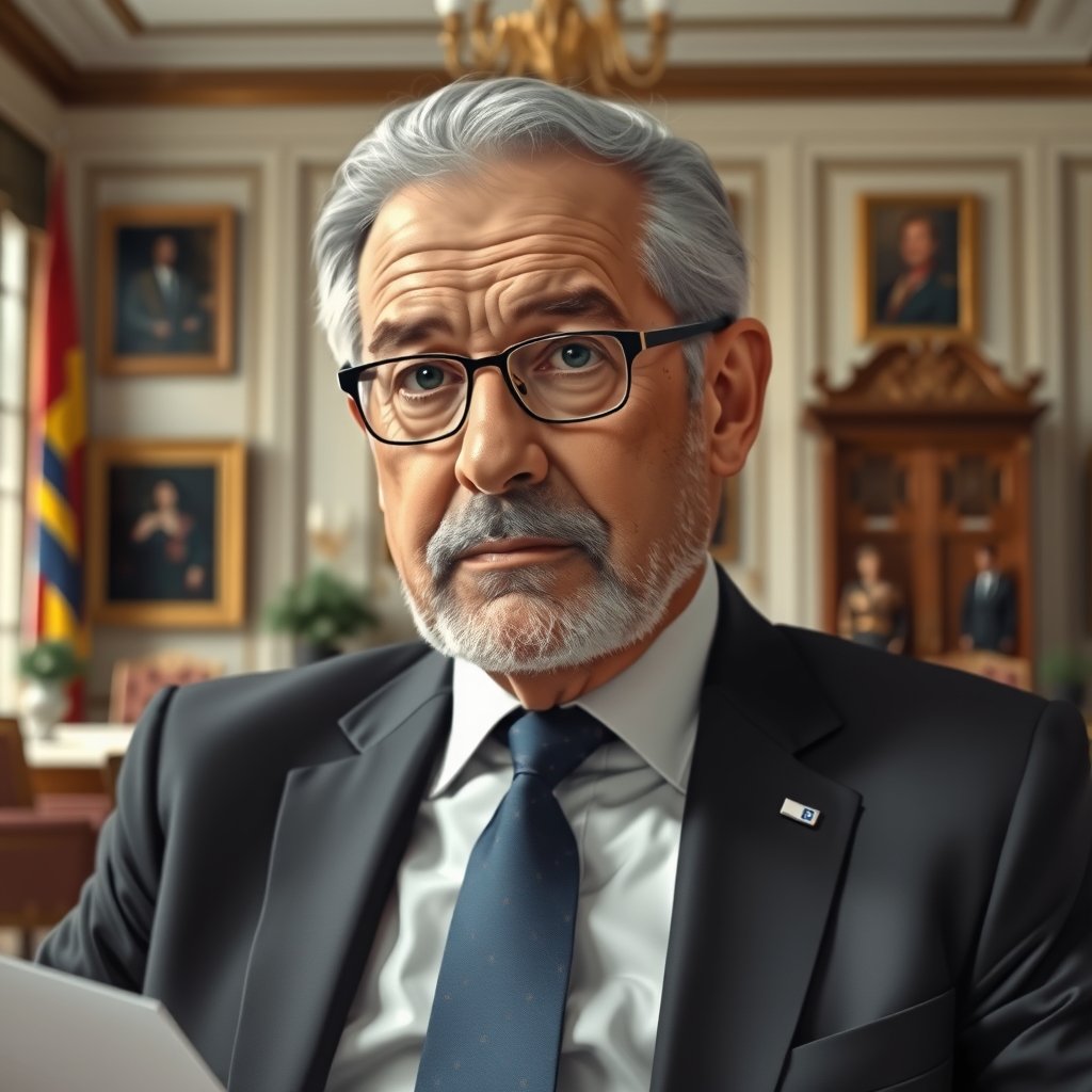 Ilustración editorial conceptual de despacho oficial e institucional en recuerdo de la figura política.