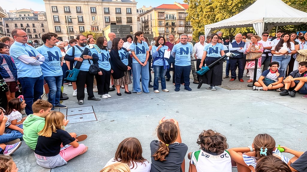Ilustración editorial de carpas científicas y jóvenes participando en talleres divulgativos en una plaza urbana.