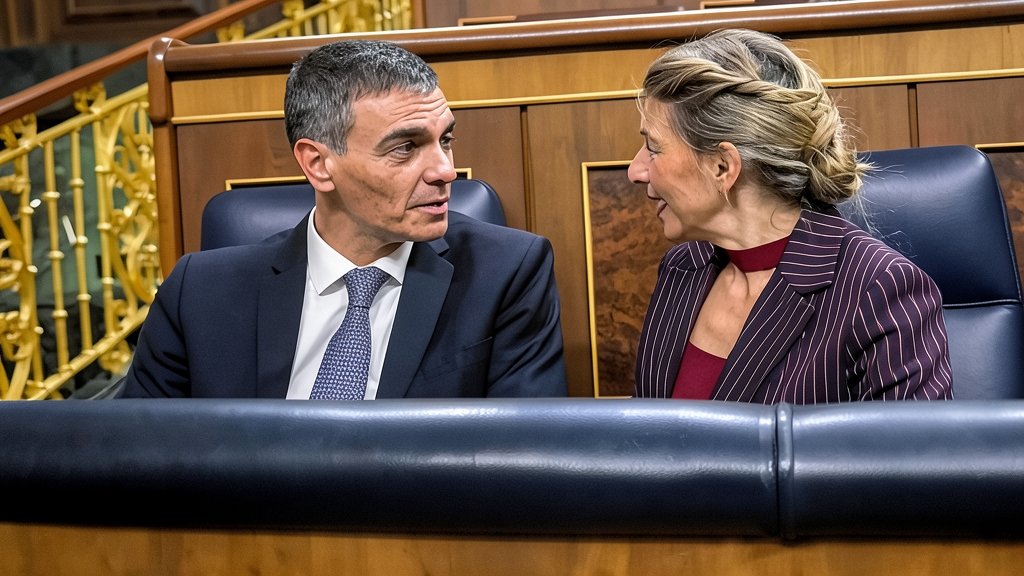 Fotografía editorial que muestra a Pedro Sánchez y Yolanda Díaz conversando en el Congreso de los Diputados.