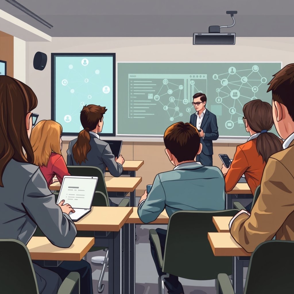 Ilustración conceptual de una clase moderna con integración tecnológica y educativa.