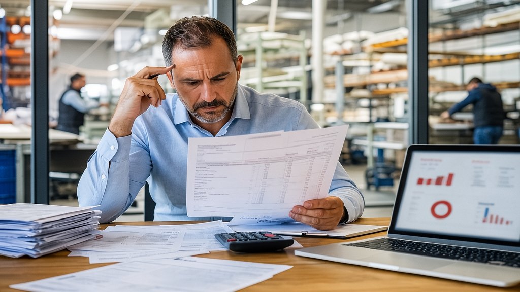 Gráficos de análisis financiero y tejido empresarial en un entorno industrial.