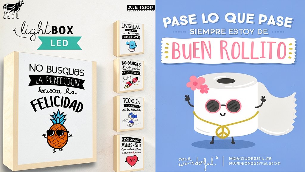 Balanza judicial y artículos de regalo coloridos con mensajes positivos en un entorno de diseño comercial.