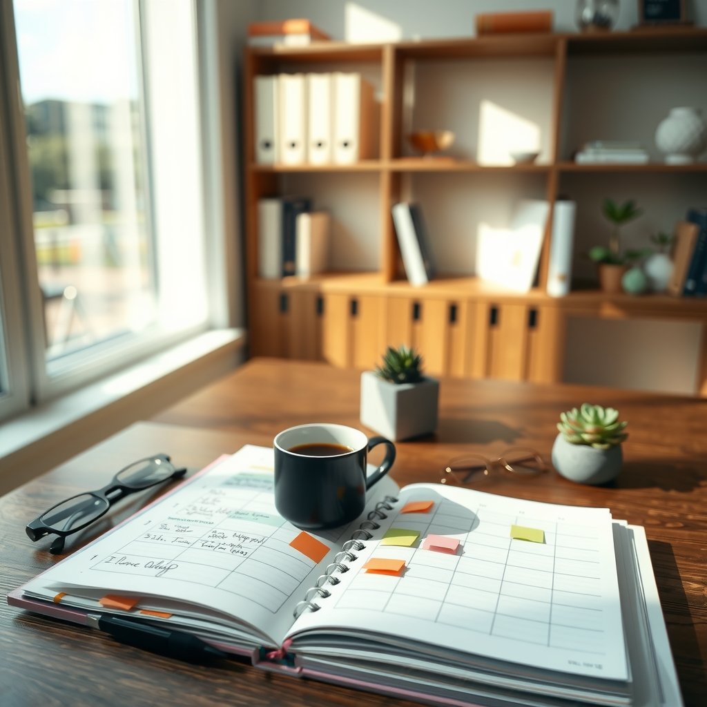 Escritorio ordenado de madera con una taza de café, gafas, una agenda abierta con notas adhesivas de colores y pequeñas plantas en macetas, frente a una ventana luminosa y una estantería de madera al fondo.