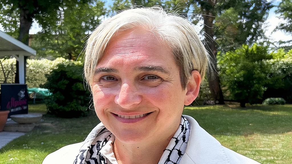 Retrato de la política Ada Colau sonriendo ante la cámara en un entorno ajardinado.