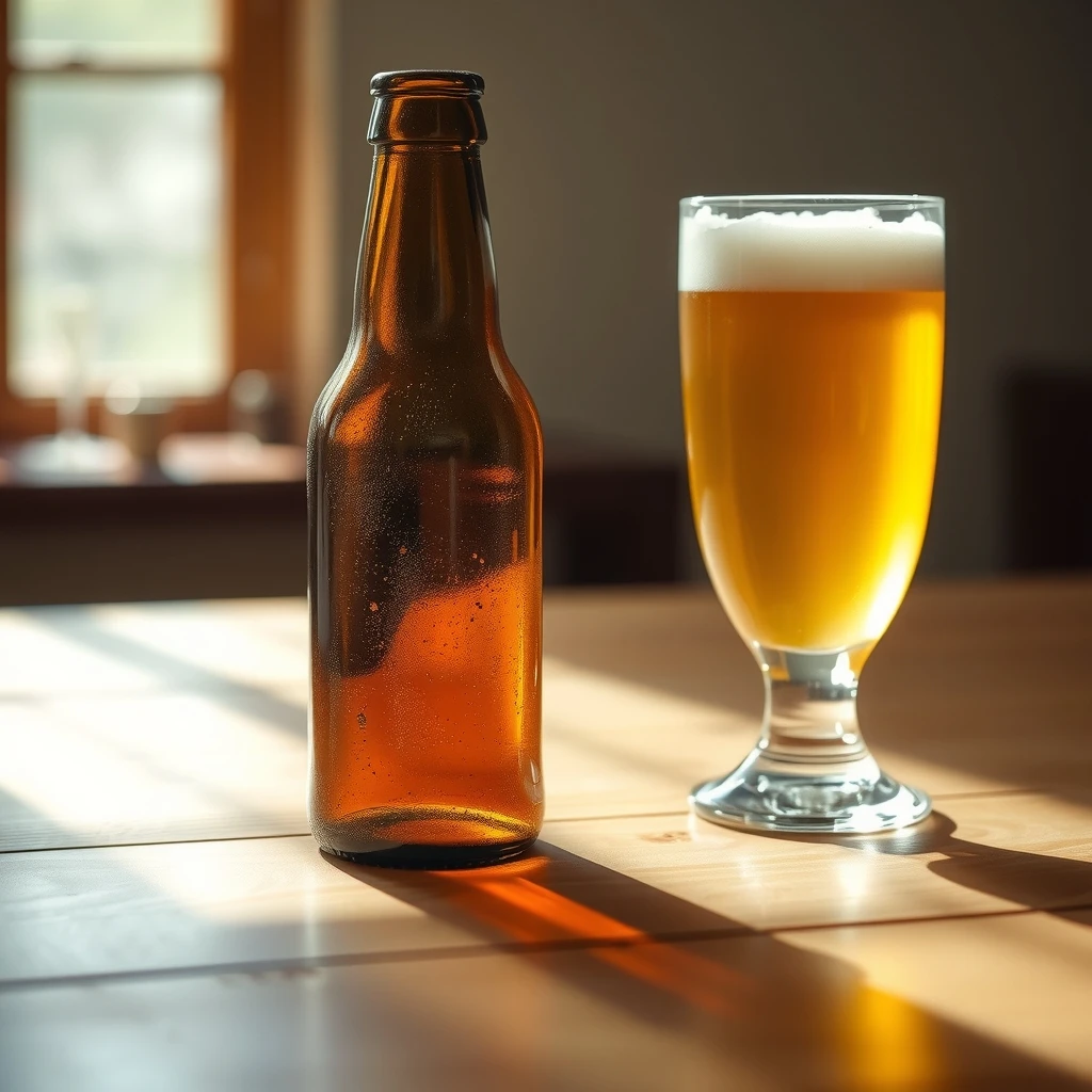 Una botella de cerveza marrón y un vaso lleno de cerveza con espuma sobre una mesa de madera.