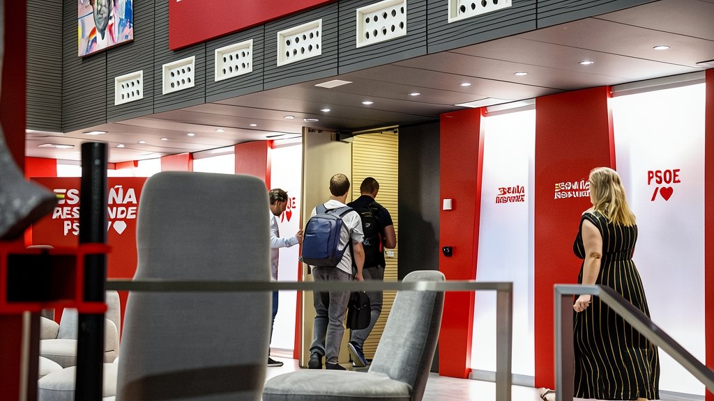 Fotografía editorial de la sede del PSOE con personas entrando por una puerta con el logotipo del partido.