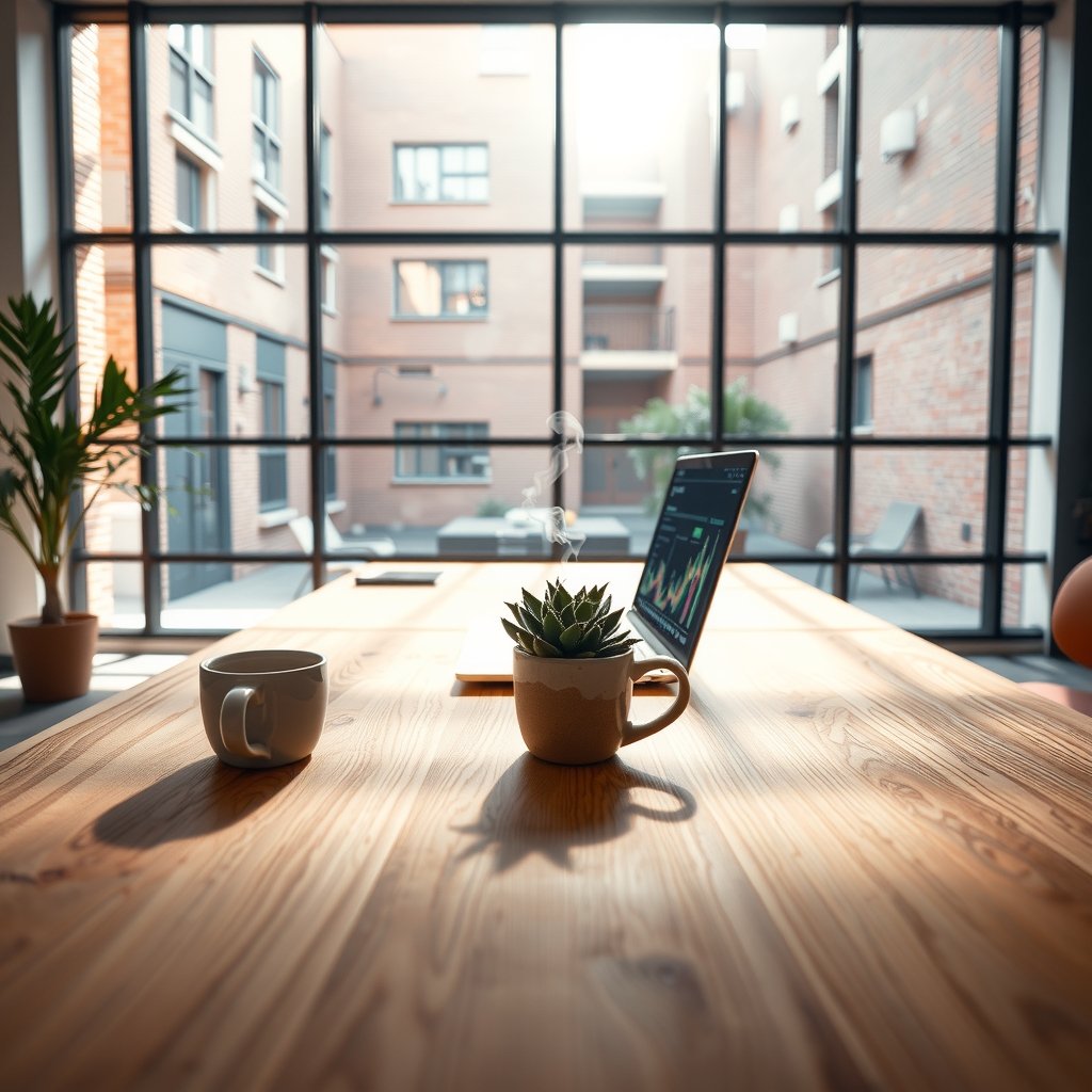 Fotografía editorial de una mesa de madera en una oficina luminosa con grandes ventanales, un ordenador portátil mostrando gráficos financieros, una taza de café y una planta en maceta.
