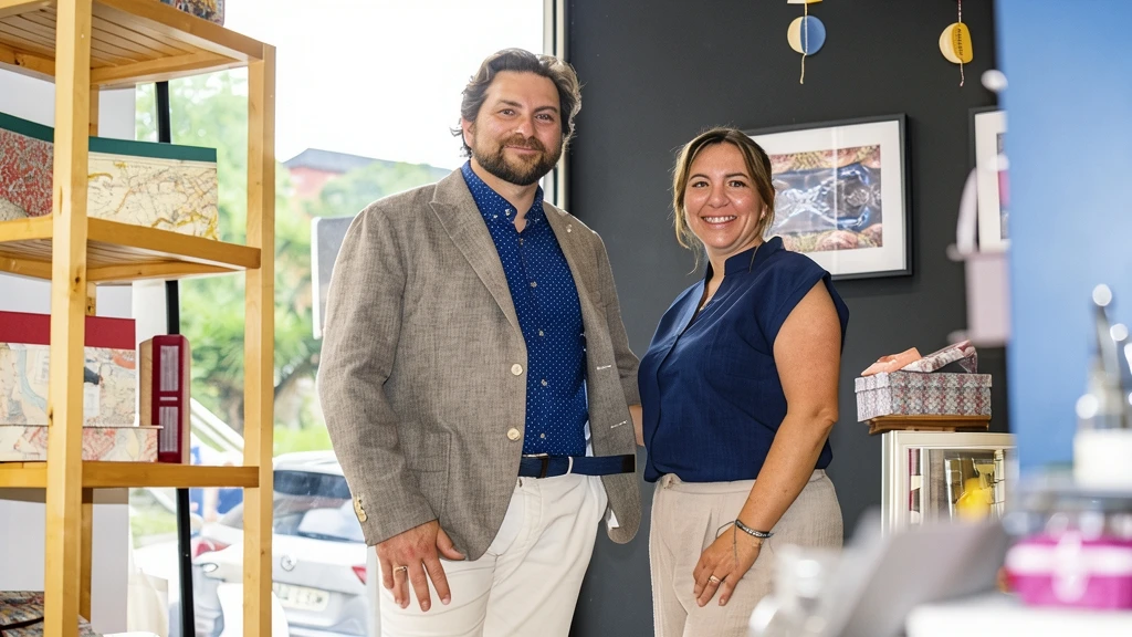 Fotografía editorial de Giuliano Camilleri y Alicia Oceja, fundadores de Artpapel Bookstudio en Santander, sonriendo en su taller frente a estanterías con cajas artesanales y obras de arte.