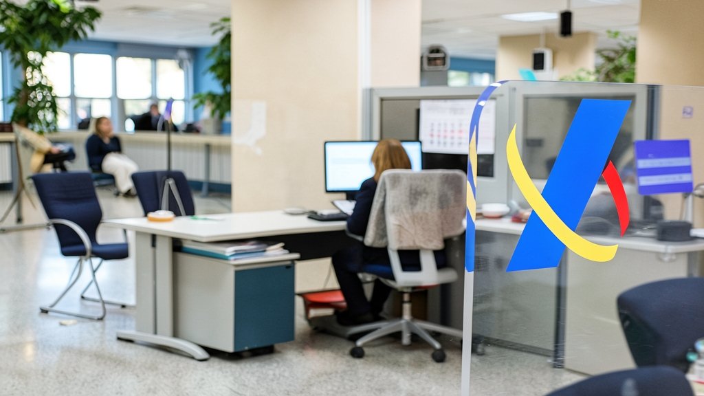 Oficina de la Agencia Tributaria con empleados trabajando en escritorios y mampara protectora transparente con el logotipo en primer plano.