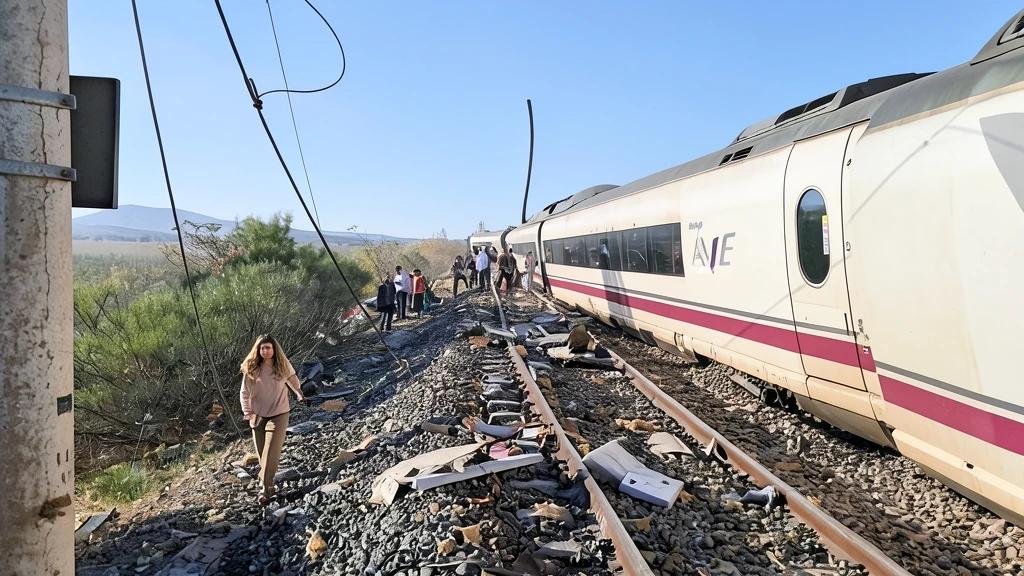 Fotografía editorial de accidente ferroviario con un tren AVE descarrilado junto a las vías, escombros en el balasto y pasajeros o personal de emergencia caminando por la zona.