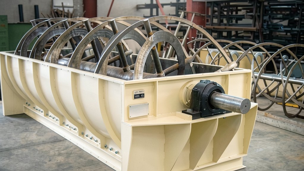 Fotografía editorial de un mezclador industrial horizontal de gran formato con cuba de acero color beige y eje con palas y espirales en el interior, en una nave de fabricación metálica.