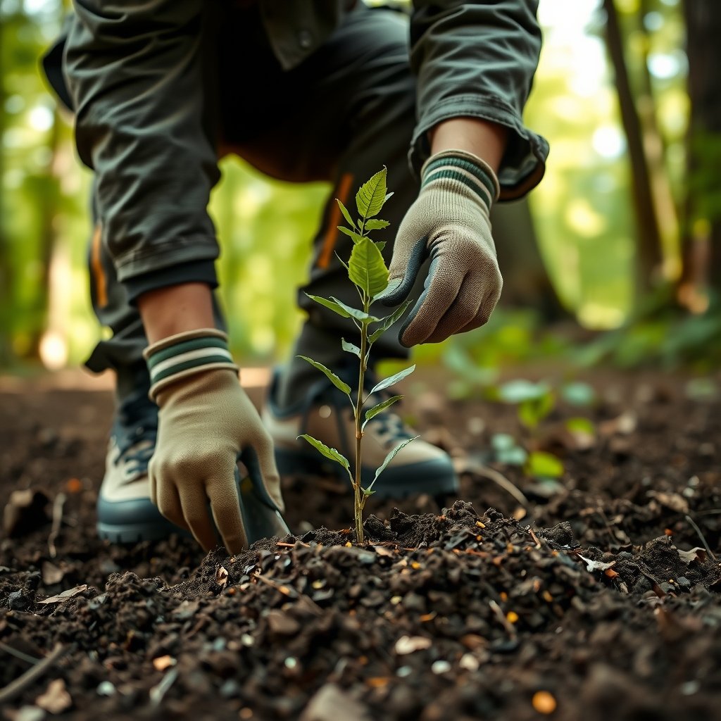 Persona agachada en un bosque plantando un pequeño árbol en la tierra con guantes de jardinería.