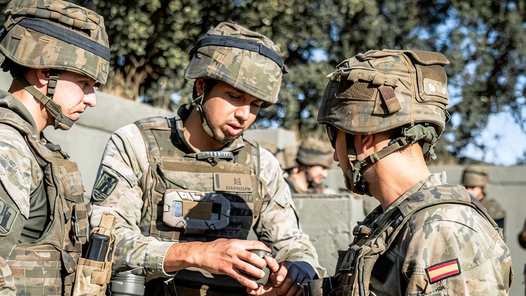 Tres soldados del Ejército de Tierra de España equipados con uniformes miméticos y cascos de combate interactúan tácticamente en exteriores.