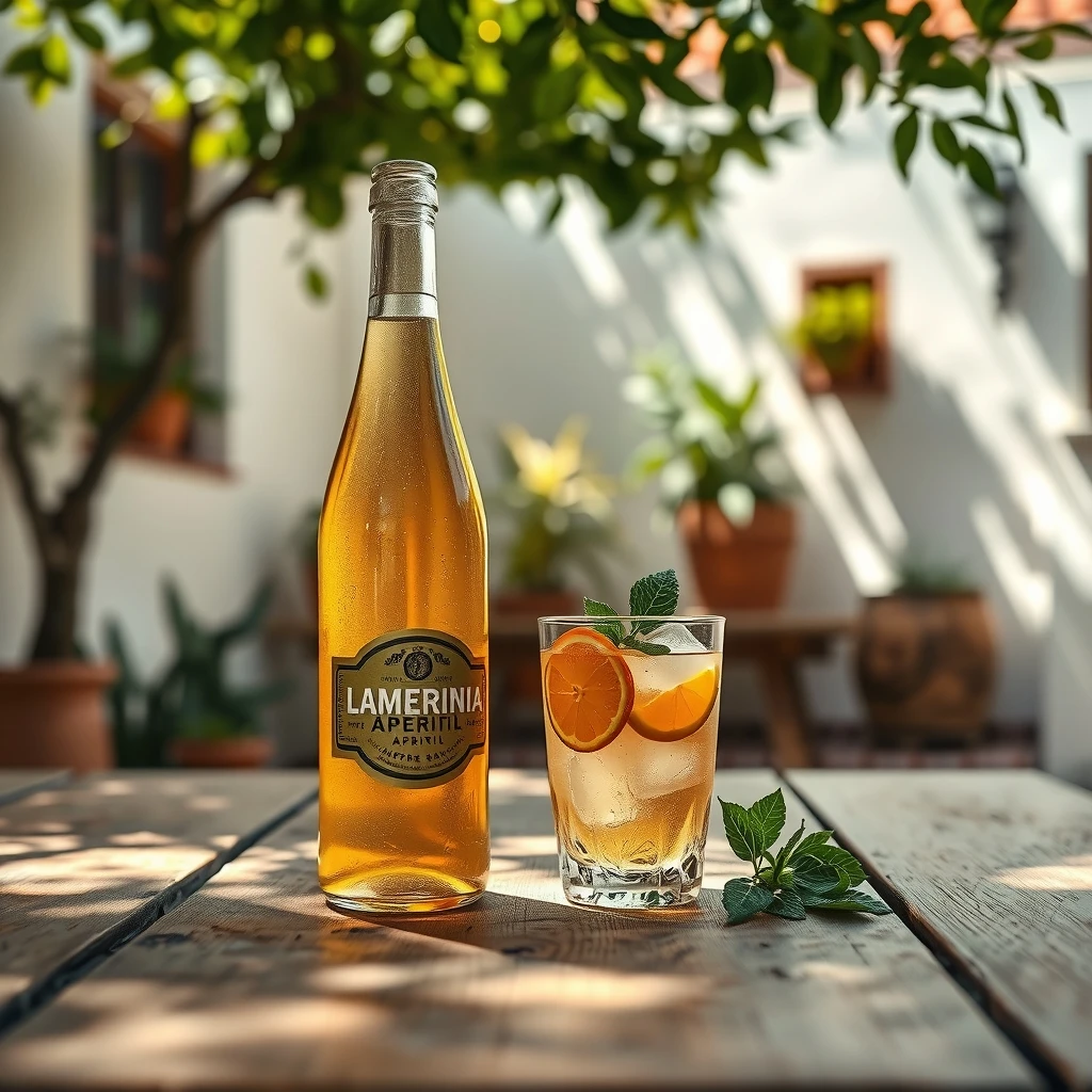 Botella de aperitivo con etiqueta dorada y vaso con hielo, rodajas de naranja y hojas de menta sobre una mesa de madera en un patio soleado.