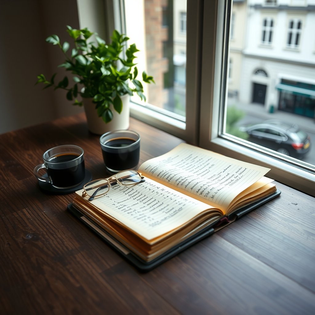 Fotografía editorial de una mesa de madera junto a una ventana con una taza de café, una libreta abierta con anotaciones financieras y gafas, ideal para ilustrar noticias sobre economía y ahorro.