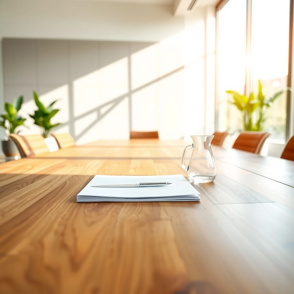 Sala de reuniones luminosa con una gran mesa de madera, papeles y un bolígrafo en primer plano, y plantas verdes al fondo junto a grandes ventanales.