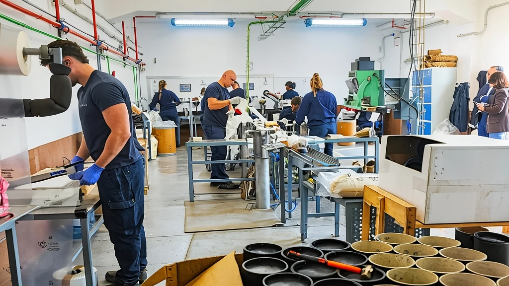 Fotografía interior de una fábrica de municiones y componentes de defensa con operarios trabajando en cadenas de montaje y maquinaria industrial.