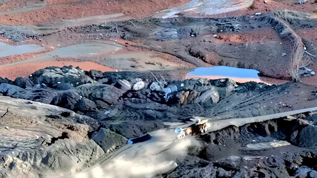 Paisaje de una mina a cielo abierto con un camión minero circulando por un camino de tierra.