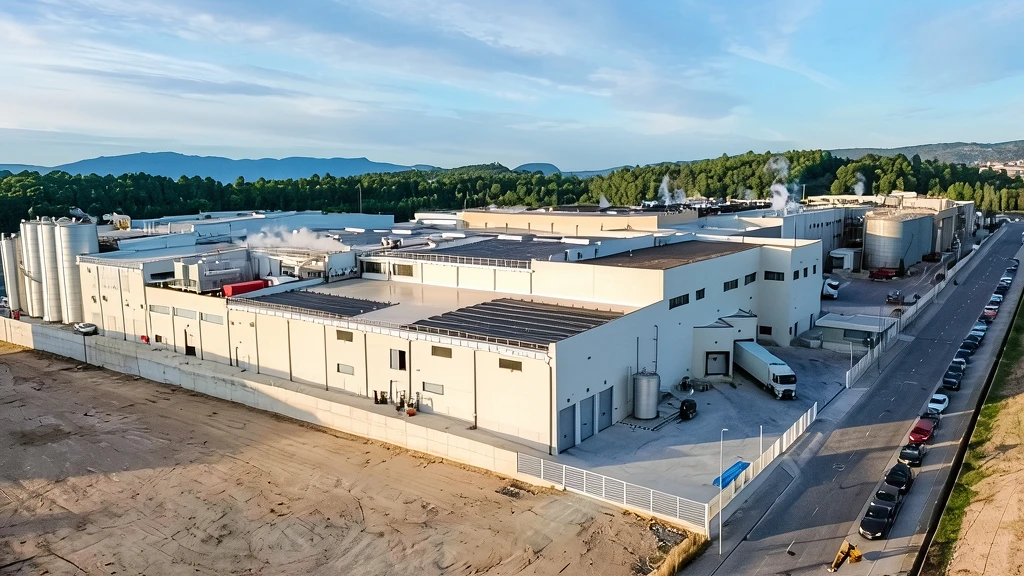 Fotografía aérea de una gran planta industrial con grandes silos metálicos, techos con paneles solares, camiones aparcados y un entorno de colinas boscosas.
