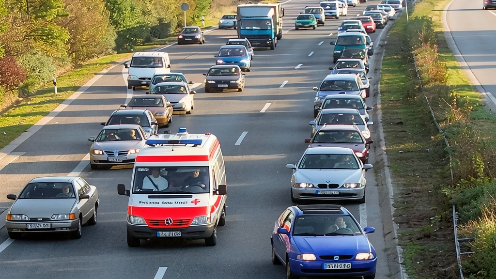 Vista cenital de una autopista con tráfico denso donde los vehículos se apartan dejando un carril de emergencia central por el que circula una ambulancia.