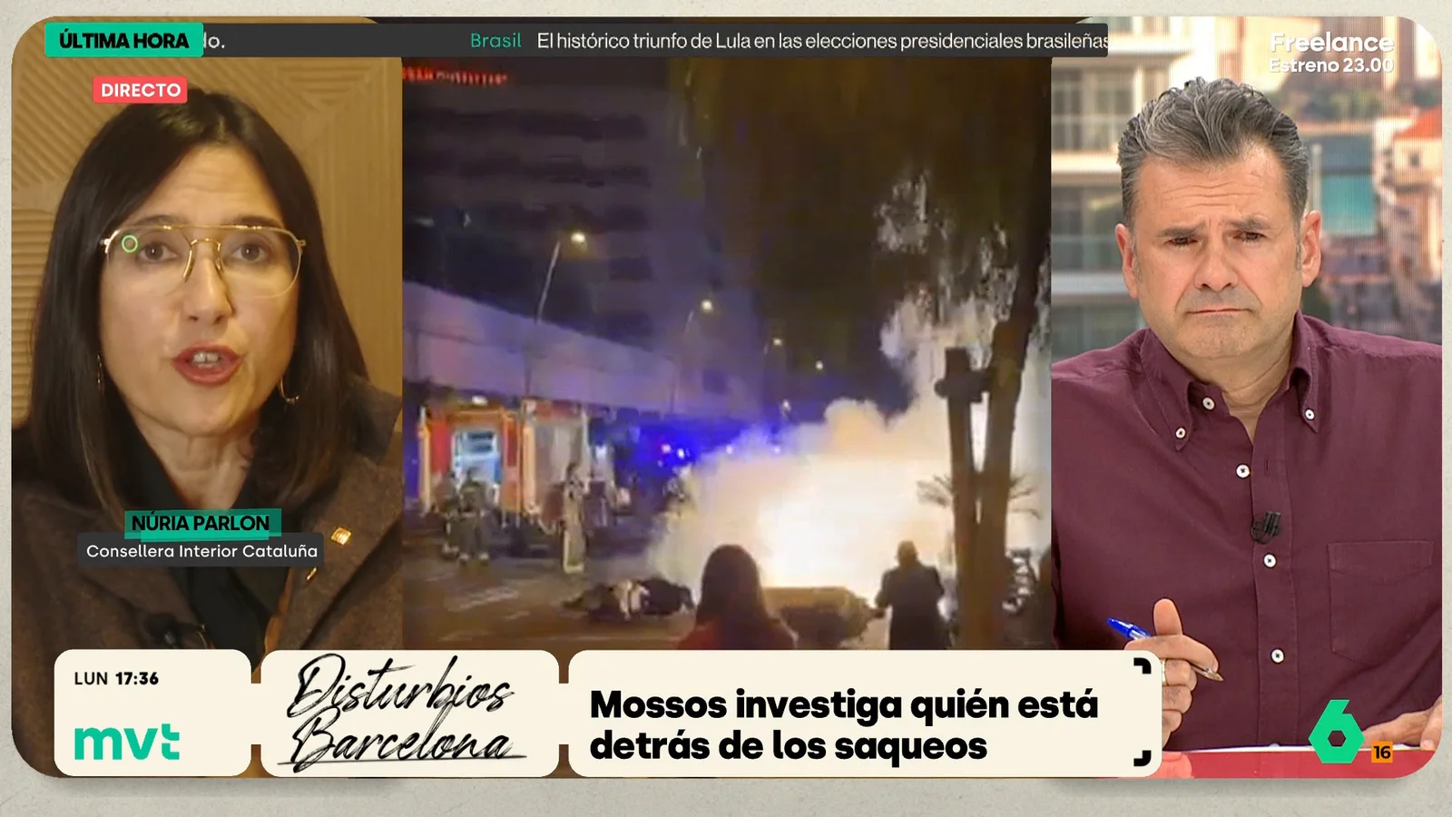 Captura de pantalla de un programa de televisión de LaSexta con Núria Parlon y un presentador hablando sobre los disturbios en Barcelona.