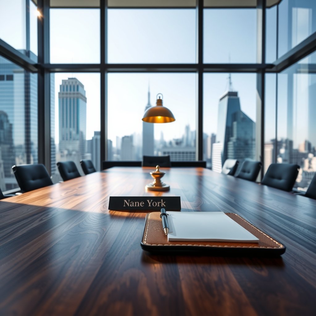 Sala de juntas corporativa con una gran mesa de madera, portapapeles y una placa identificativa con texto ilegible, con ventanales altos que muestran un horizonte de rascacielos al atardecer.