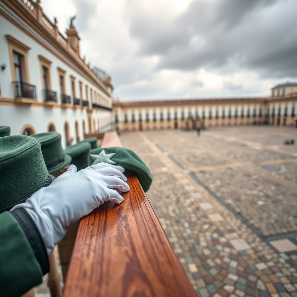 Fotografía editorial que muestra un primer plano de un guante blanco y la mano de un guardia civil apoyados sobre una barandilla de madera, con gorras verdes del cuerpo y una gran plaza pavimentada al fondo bajo un cielo nublado.