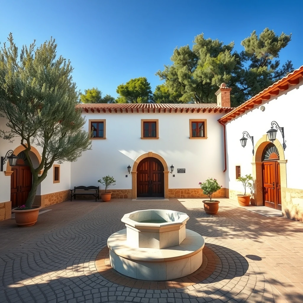 Fotografía editorial de un patio andaluz en la Hacienda La Boticaria, con fuente central de piedra, adoquines, fachada blanca con tejas rojas y vegetación típica.