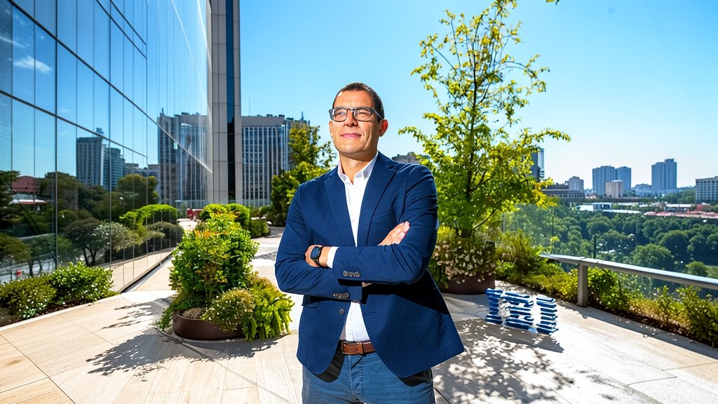 Retrato de Horacio Morell de pie con los brazos cruzados en una terraza ajardinada al aire libre, vistiendo americana azul marino y camisa blanca, con edificios urbanos y un cielo despejado de fondo.
