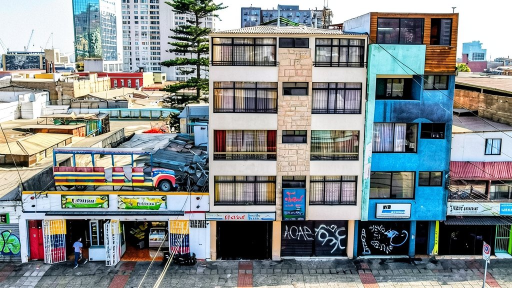 Fotografía aérea de la fachada del Hotel Antofagasta Centro y edificios colindantes en una calle urbana