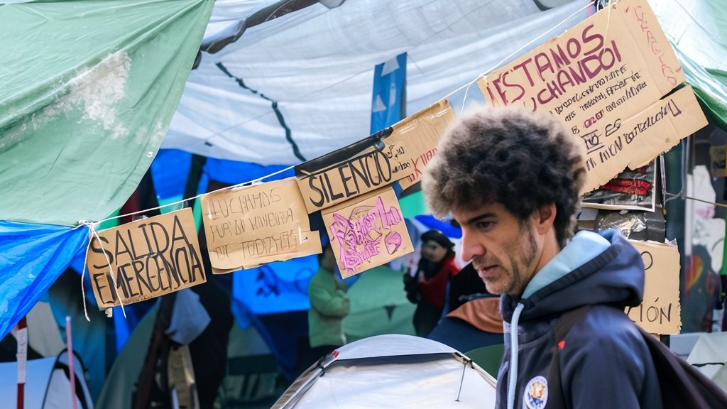 Persona con pelo rizado en una acampada o protesta por la vivienda con pancartas en primer plano