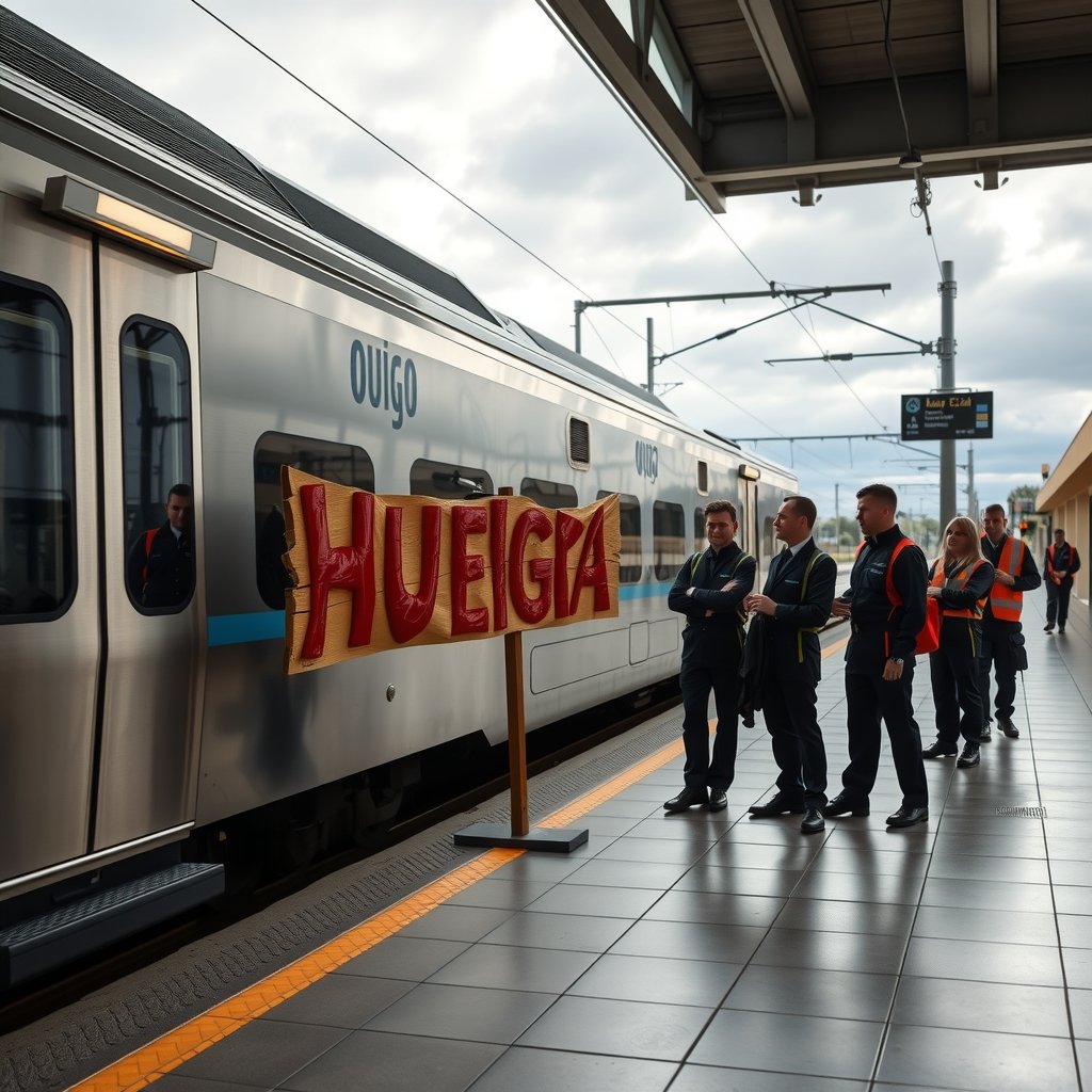 Grupo de maquinistas de tren de alta velocidad con uniformes oscuros y chalecos naranjas de alta visibilidad de pie en un andén de estación, junto a un tren Ouigo plateado, con un cartel de madera pintado con la palabra HUELGA en rojo.