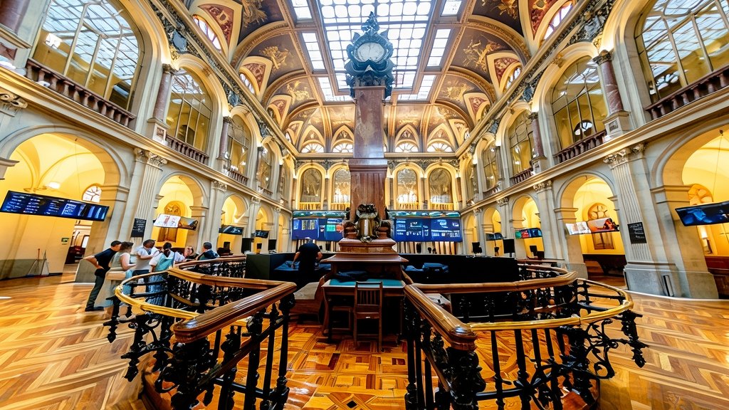 interior de la bolsa de madrid con pantallas informativas y reloj central