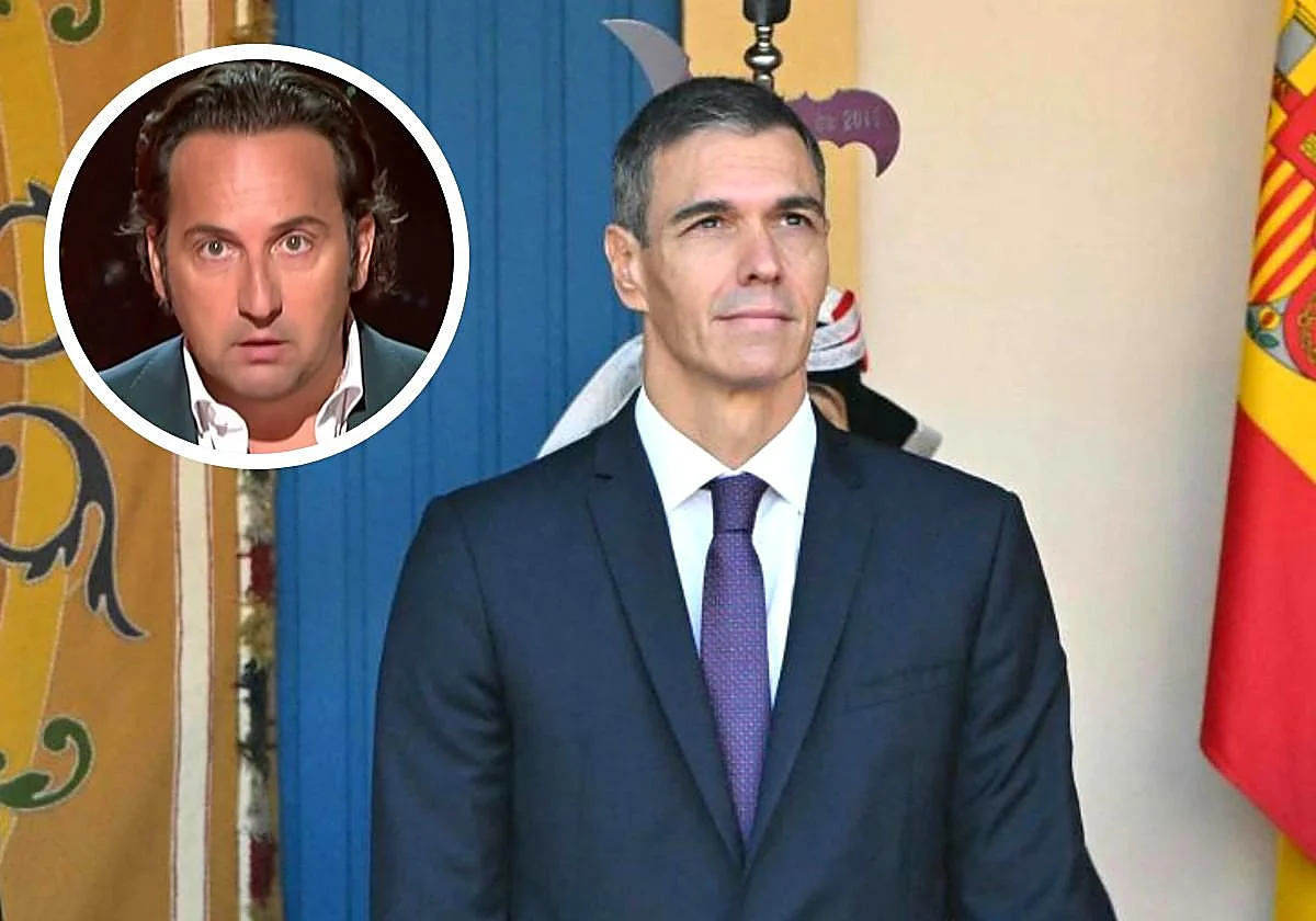 Fotografía editorial de Pedro Sánchez junto a un inserto circular con el presentador Iker Jiménez.