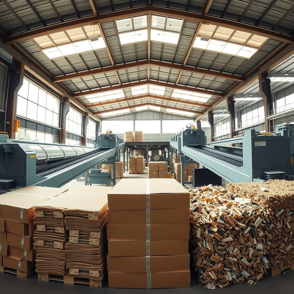 Planta de reciclaje y gestión de residuos con cintas transportadoras, pilas de cartón y materiales reciclados en un gran almacén industrial con techo metálico y luz natural.