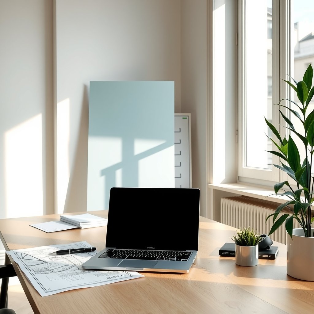 Escritorio de oficina con un ordenador portátil abierto, planos arquitectónicos y plantas en una maceta junto a una ventana.