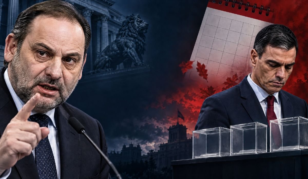 Montaje fotográfico que muestra a José Luis Ábalos gesticulando a la izquierda y a Pedro Sánchez mirando hacia abajo frente a urnas electorales a la derecha, con un fondo oscuro que incluye edificios oficiales y un calendario.