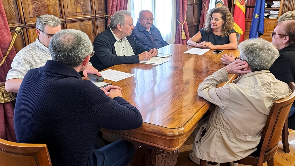 Reunión institucional en una sala con mesa de madera donde varias personas discuten documentos y expedientes.