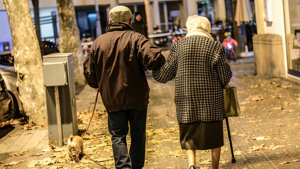 Pareja de personas mayores paseando de noche por la calle junto a un perro, vistos de espaldas.