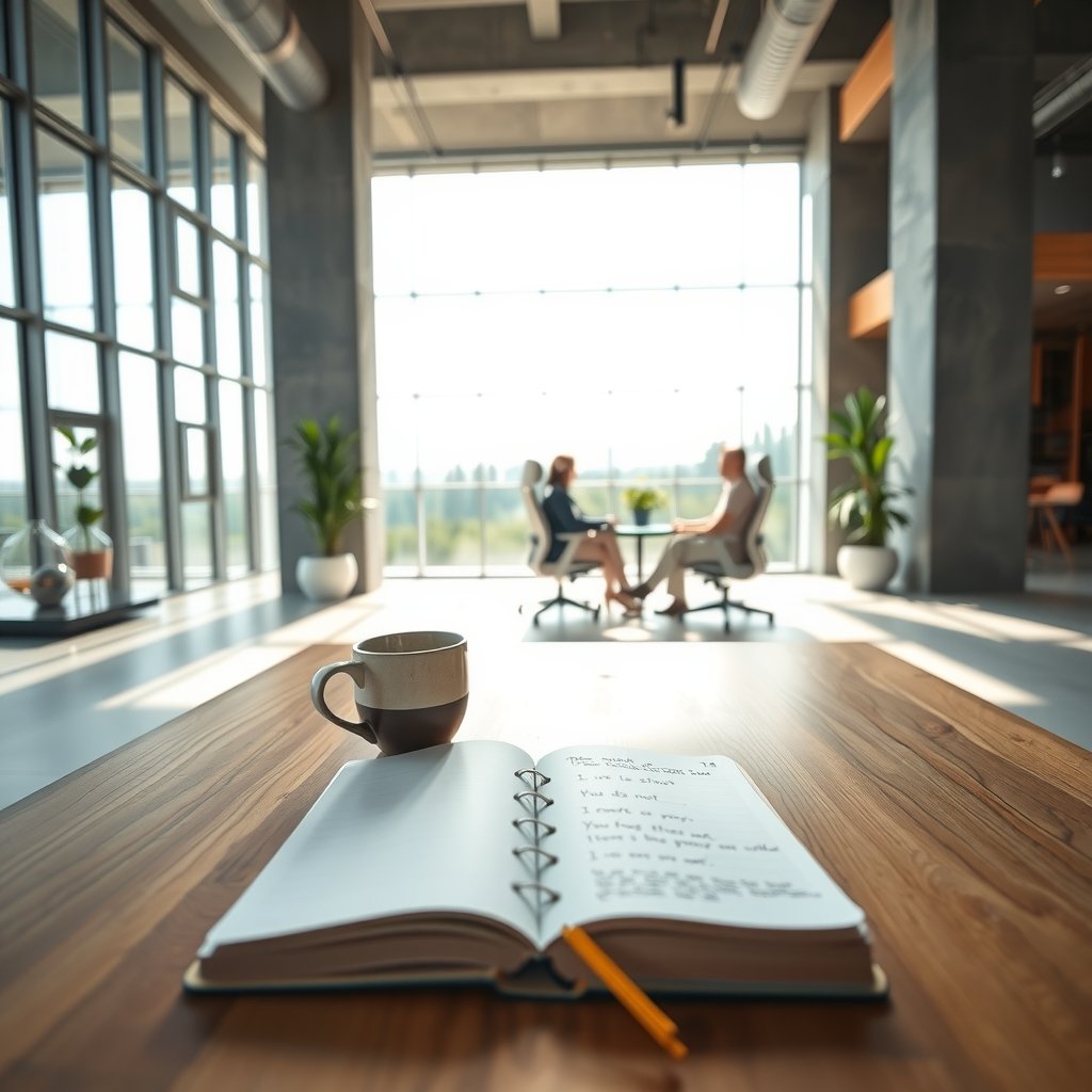 Fotografía editorial de una oficina moderna y luminosa, con un escritorio de madera en primer plano que contiene una taza de café y una libreta abierta con notas escritas. Al fondo, desenfocados, se aprecian grandes ventanales y dos personas conversa