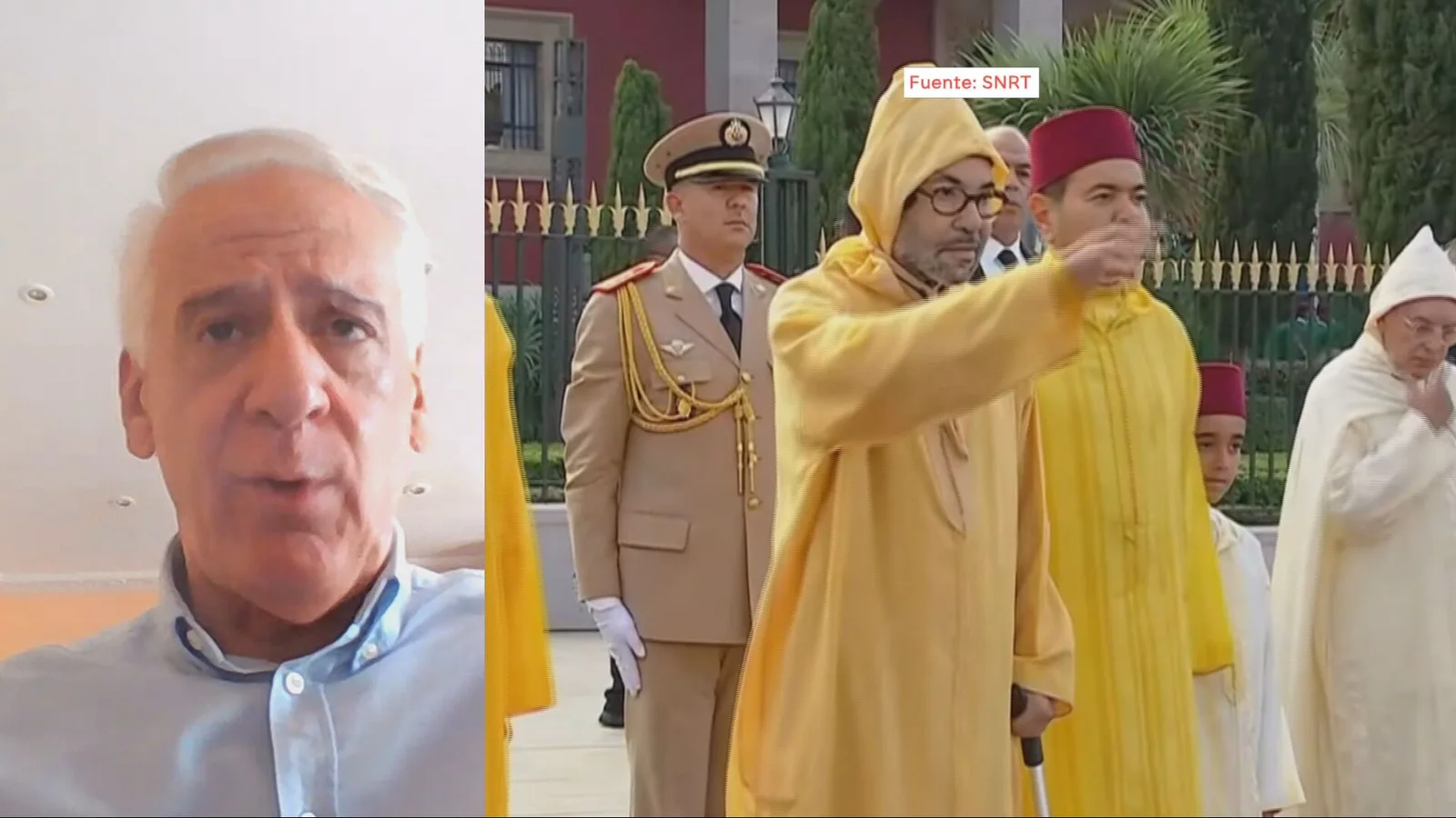 Collage que muestra al analista Ignacio Cembrero a la izquierda y al rey Mohamed VI de Marruecos junto a autoridades a la derecha.