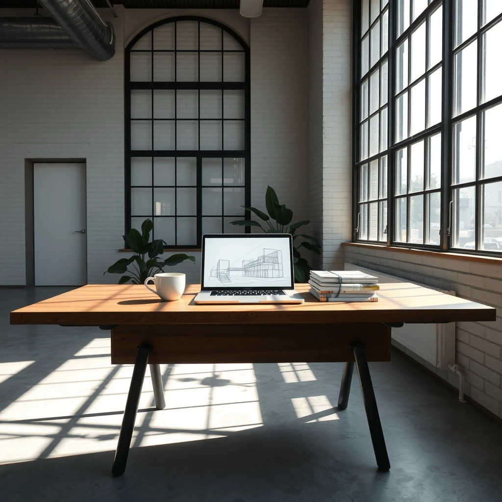 Escritorio de madera en una oficina moderna con ventanales altos, un ordenador portátil abierto con planos en pantalla, una taza blanca y una pila de libros.
