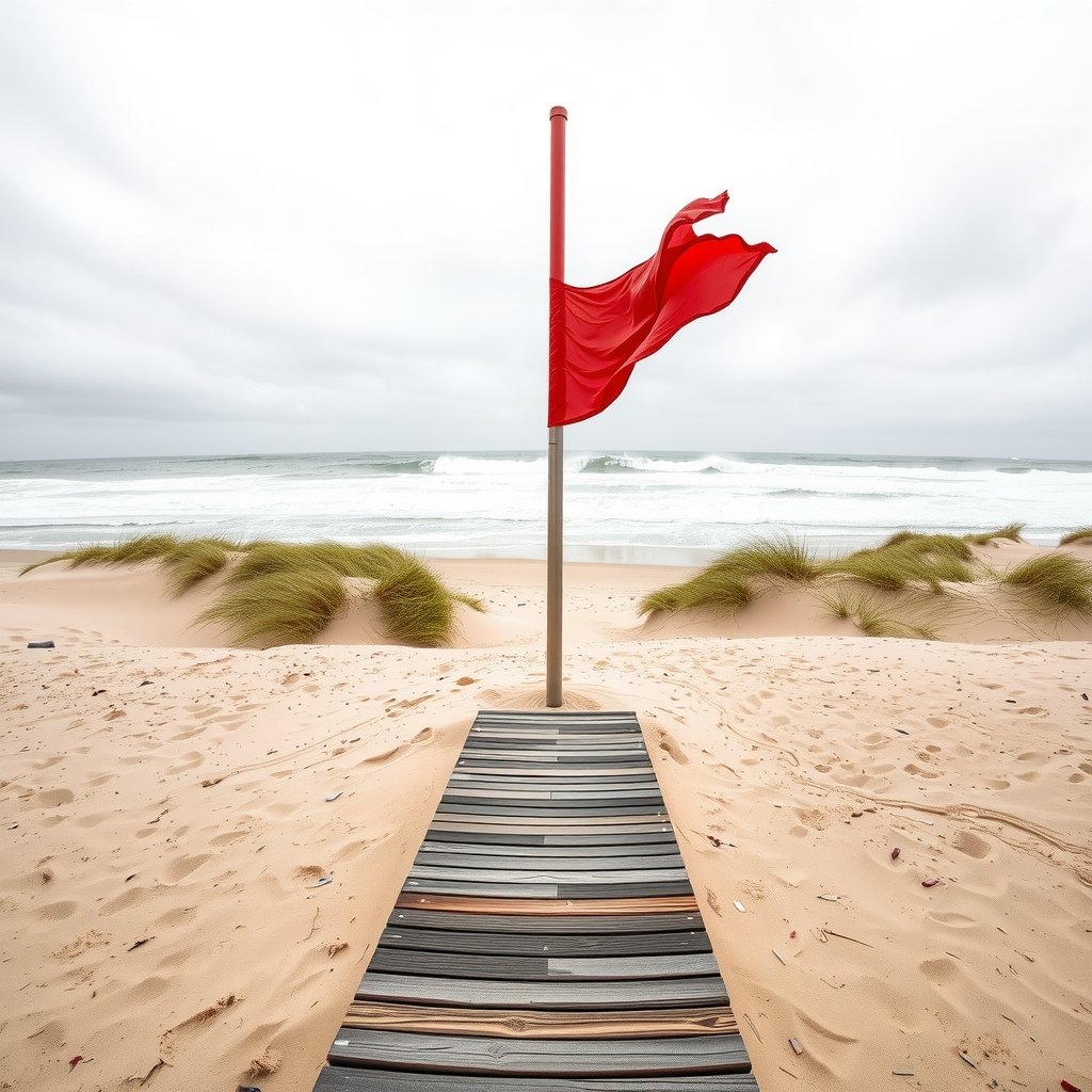 Fotografía editorial de una pasarela de madera sobre la arena de la playa que conduce hacia el mar, donde ondea una bandera roja en un mástil bajo un cielo nublado.
