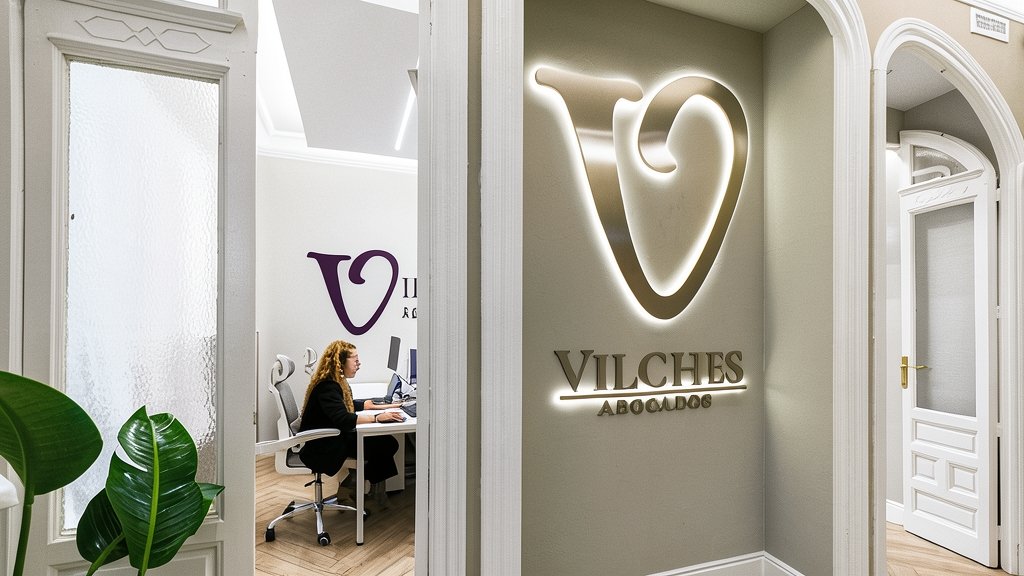 Interior moderno de las oficinas del bufete de abogados Vilches Abogados, mostrando la recepción con un logotipo iluminado en la pared y una abogada trabajando en su despacho al fondo.