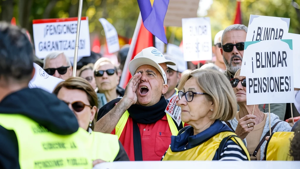 Manifestantes protestando en Madrid con pancartas que dicen ¡Blindar pensiones!.