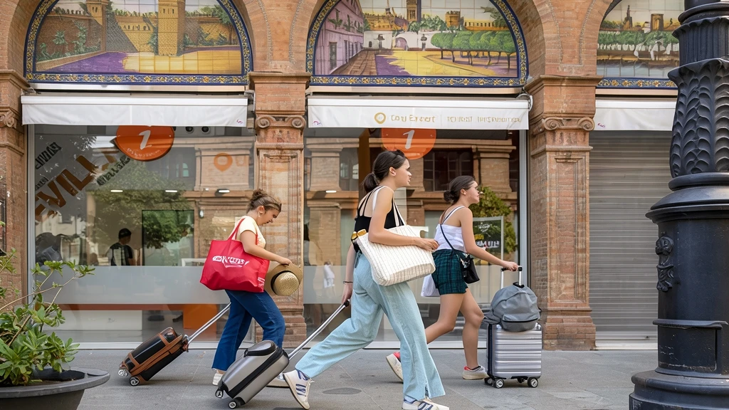 Tres mujeres turistas caminan arrastrando maletas frente a un edificio con soportales y murales cerámicos en Sevilla.